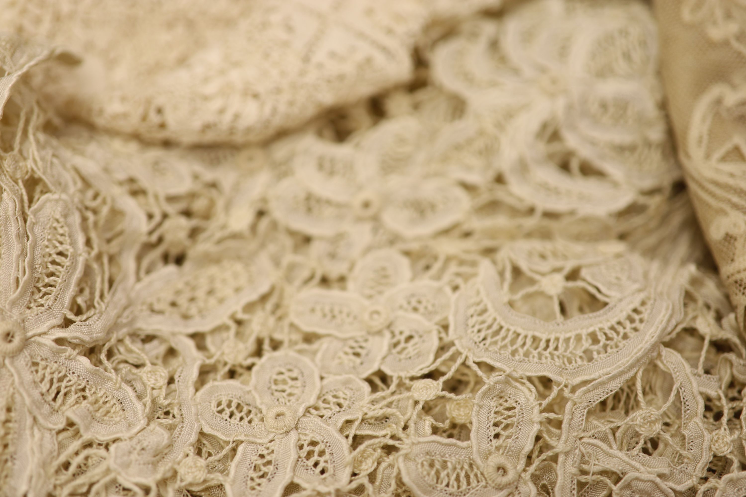 A silk lace stole, collar and Maltese collar, christening shawl, tape lace collar, a metallic gold and silver machine lace panel etc